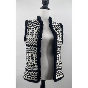 Talbots Sweater‎ Vest Women's XS Black White Fair Isle Faux Fur Trimmed Lined